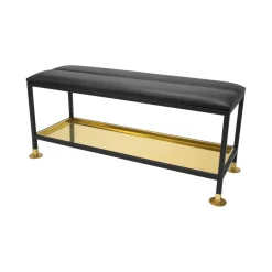 Banco con zapatero 11, Negro/latón, cojín para silla cuero negro