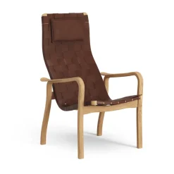 Butaca alto Primo con cojín para cuello roble aceitado, Correa de cuero rojo marrón