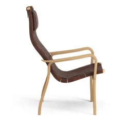 Butaca alto Primo con cojín para cuello roble aceitado, Correa de cuero rojo marrón