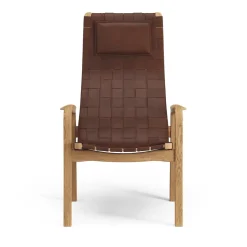 Butaca alto Primo con cojín para cuello roble aceitado, Correa de cuero rojo marrón