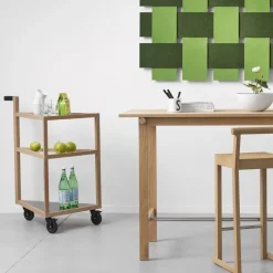 Carro con ruedas Move, Roble aceitado blanco, big, mármol marquina, vidrio