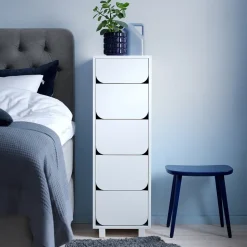 Cómoda Vidja estrecha 5 cajones, Lacado blanco