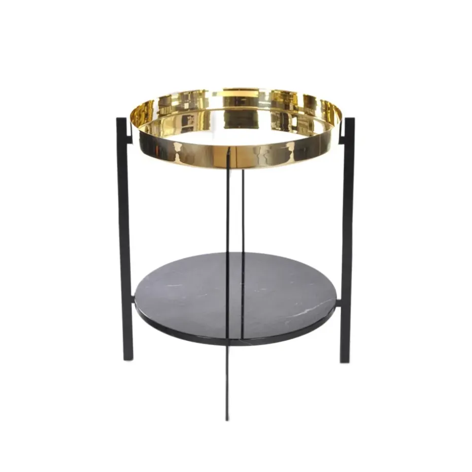 Mesa bandeja Deck, latón, estructura negra, estante de mármol negro