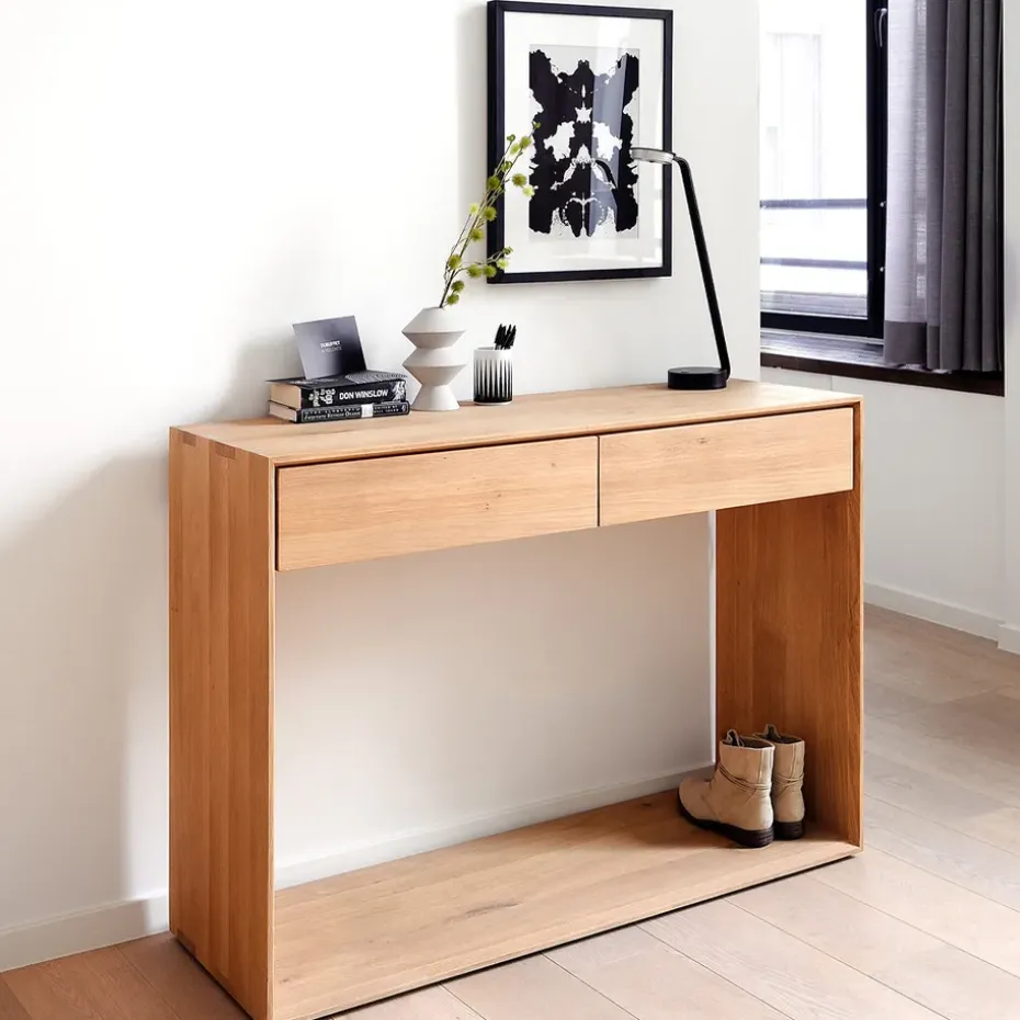 Mesa consola Nordic, Roble lacado dos cajones 160x40 cm