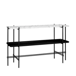 Mesa consola TS 120x30x72 cm, White carrara marble, base negra, con bandeja