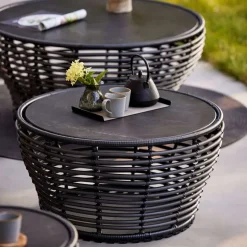 Mesa de centro Basket, Travertine, grande, base de mimbre natural