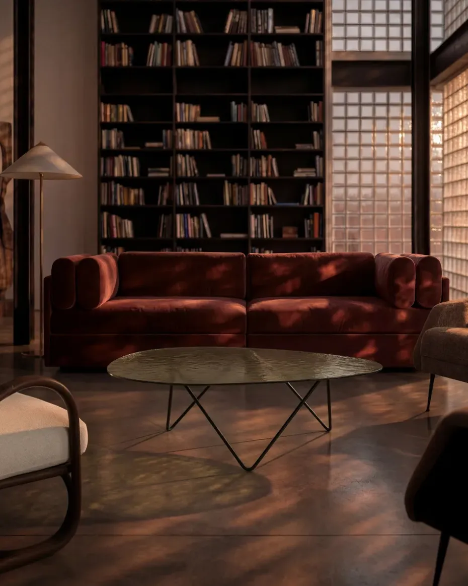 Mesa de centro Pedrera, Negro semimate–vidrio estructurado smoke