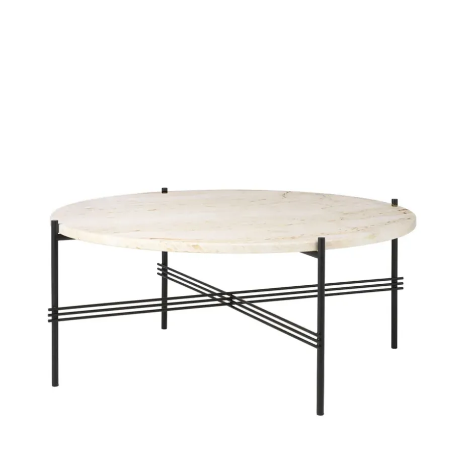 Mesa de centro TS Round, Natural white travertine, ø80, base negra