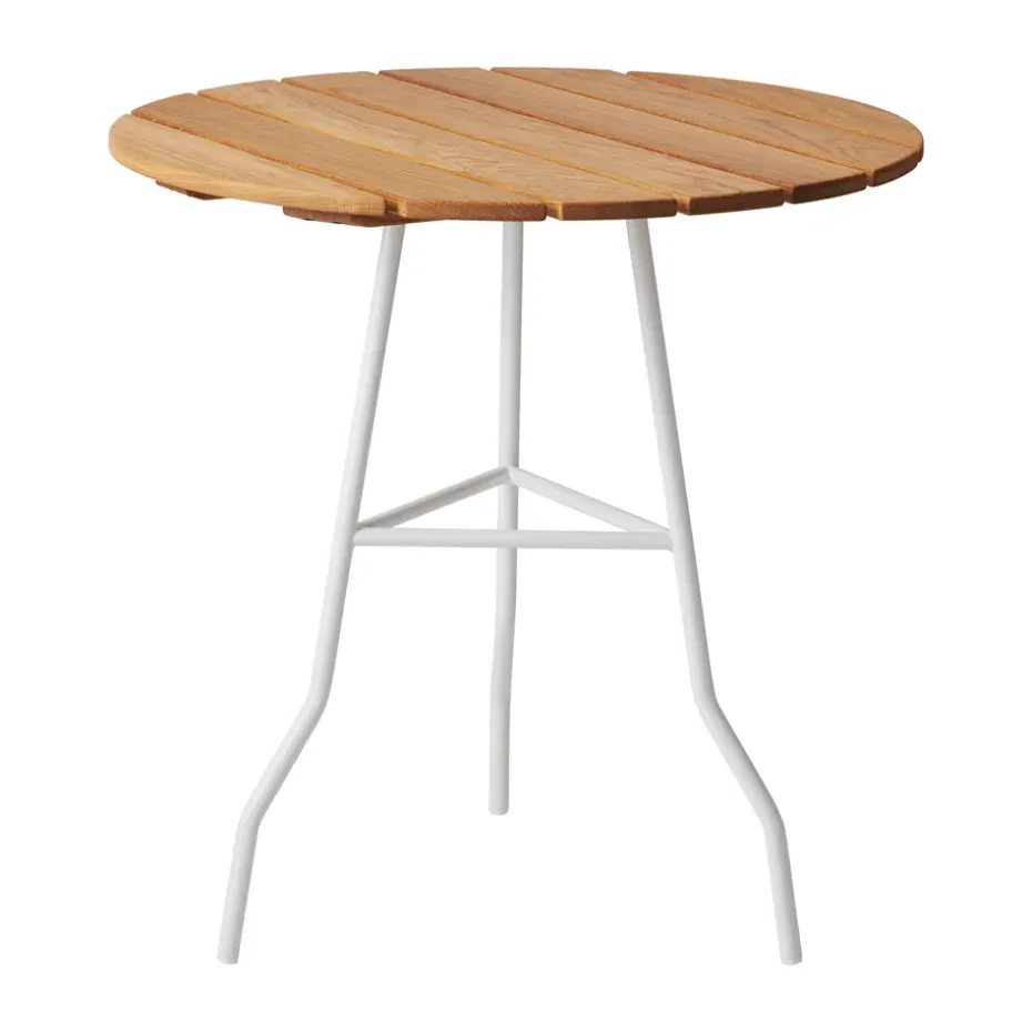 Mesa Pia Ø70 cm, Soporte de acero lacado blanco - roble aceitado