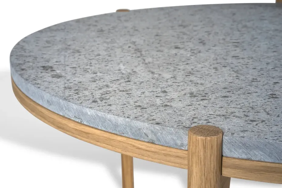 Mesita auxiliar Dondo roble blanqueado Ø45 cm, Piedra caliza cepillada