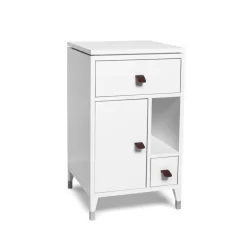 Mesita de noche Abisko con patas bajas, Blanco, asa de piel de alce marrón