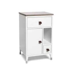 Mesita de noche Abisko con patas bajas, Blanco, encimera de hormigón, asa de piel de alce marrón