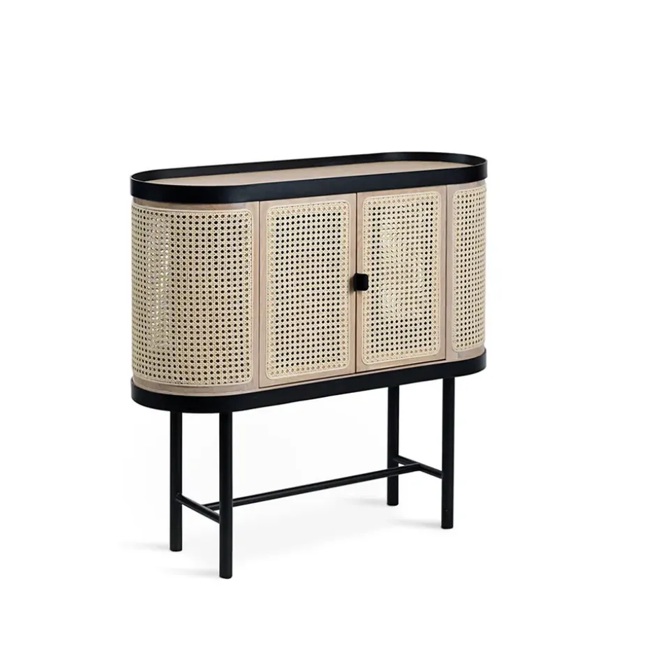 Mueble bar Be My Guest, Ratán, roble aceitado blanco, base de acero en color negro