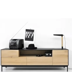 Mueble multimedia Whitebird, Roble negro-Patas metálicas negras