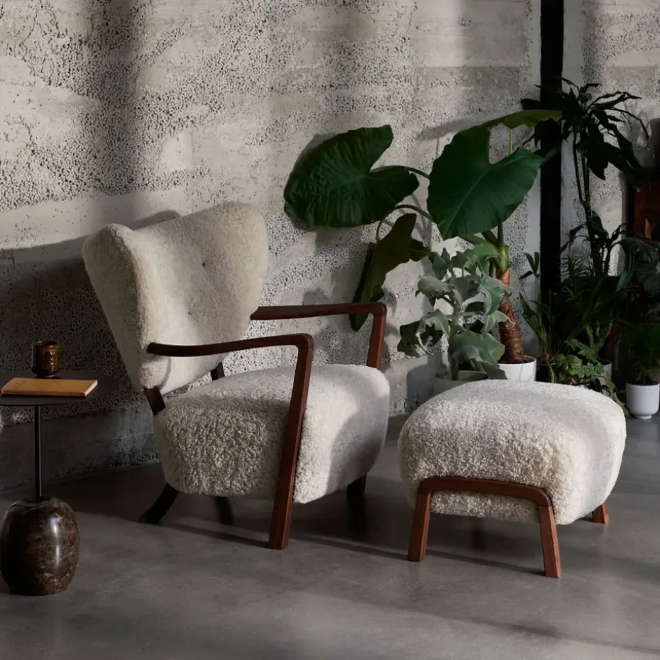 Reposapiés Wulff ATD3, Tela karakorum 003 beige, patas de roble aceitado blanco