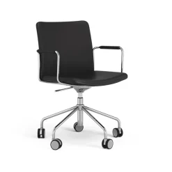 Silla de oficina elevable/bajable sin basculación Stella, Cuero elmosoft 99999 negro, base de cromo, reposabrazos forrado en cuero, respaldo flexible