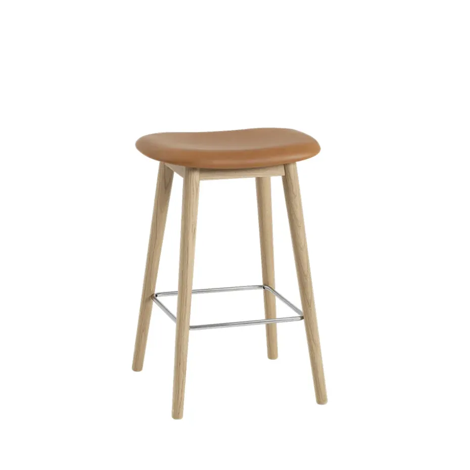 Silla Fiber counter stool 65 cm, Cuero cognac, patas de roble