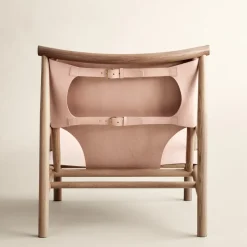 Silla lounge Samurai con asiento de cuero y base de roble, Natur