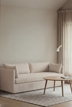 Sofá Linnevik, Caleido beige 9600-roble blanco aceitado, 3 plazas, con faldón