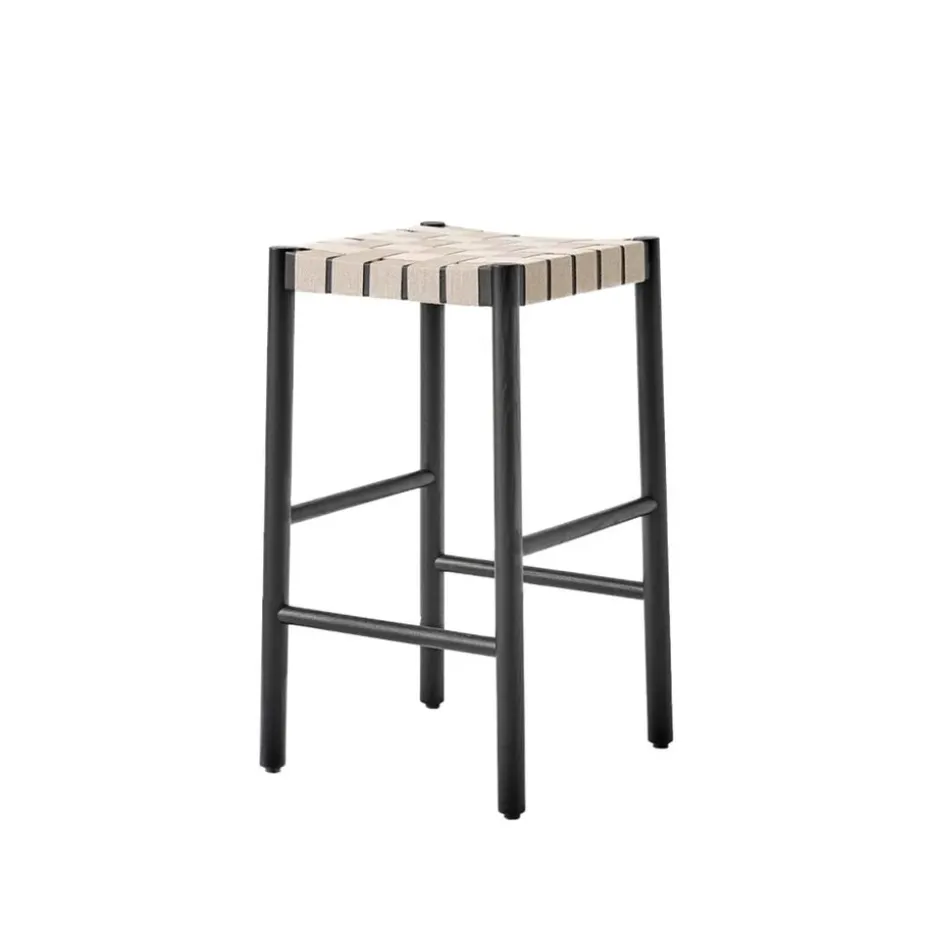 Taburete bar Betty TK7, Black, asiento de banda de lino trenzada natural