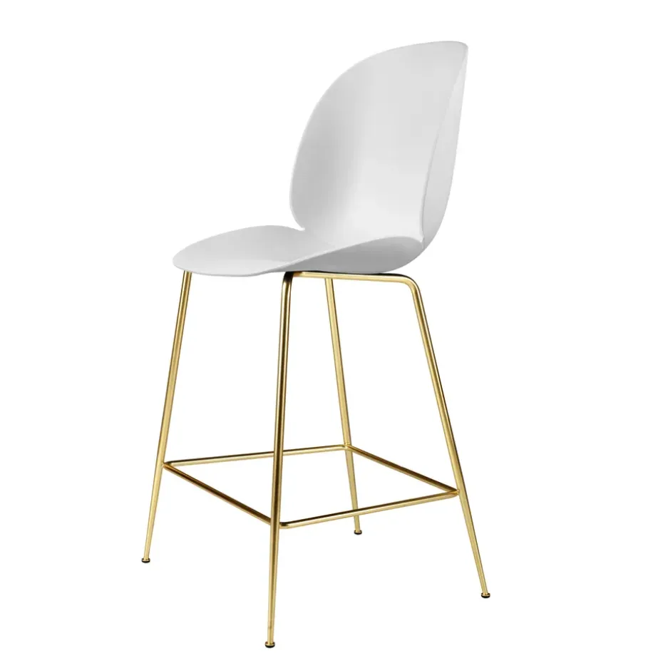 Taburete de bar de plástico Beetle con patas de bronce, Blanco