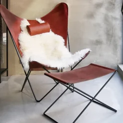 Taburete OX Stool, cuero coñac, acero inoxidable